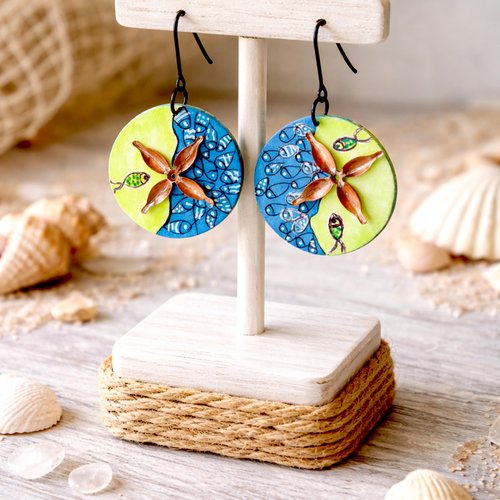 Boucles d'oreilles rondes esprit bord de mer fait main | pendantes rondes estivale | idée cadeau original