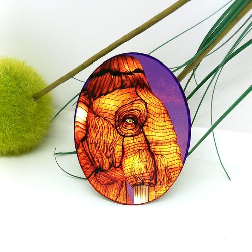 Broche colorée eléphant ovale sur carton bois rigide - bijou original artisanal - idée cadeau broche