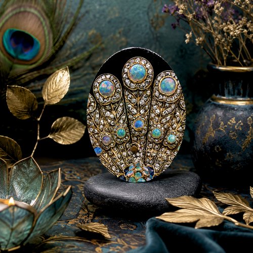 Grande broche vintage queue de paon - bijou fantaisie broche élégante - création illusion orfèvrerie
