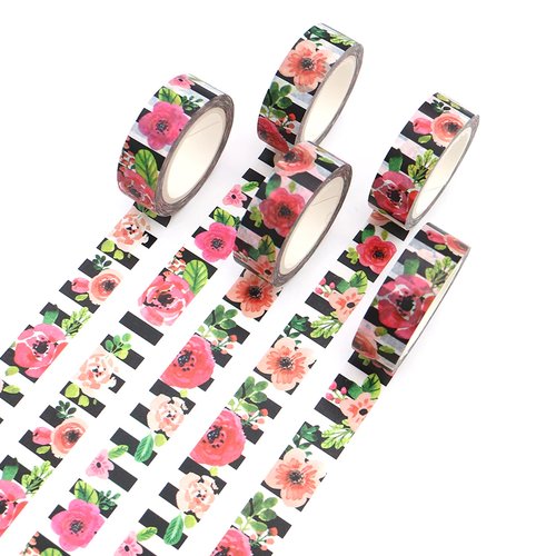 Masking tape adhésif décoratif fleurs sur rayures 15mm