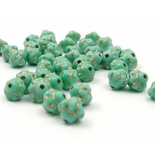 10 perles en verre tchèque fizgig 6mm couleur turquoise et or