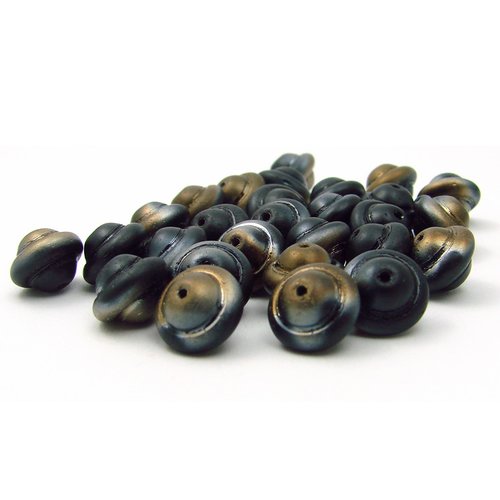 10 perles en verre tchèque 10x8mm toupies noir et bronze