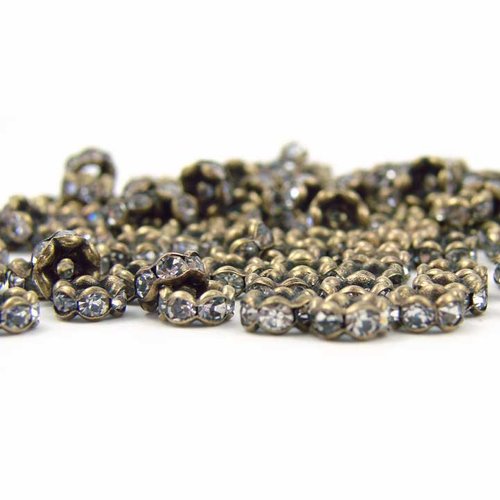 10 perles en métal couleur bronze ancien et strass 6mm