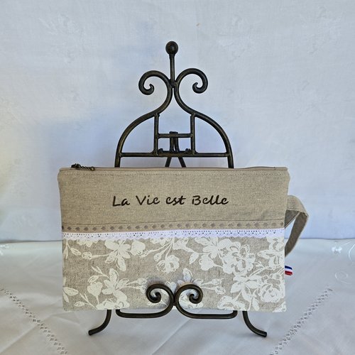 Pochette trousse plate multiusage en coton avec étiquette peinte main