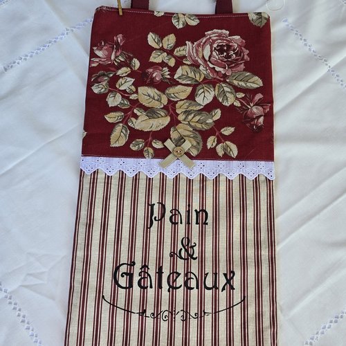 Sac à pain doublé coton toile à matelas et ses roses anciennes avec inscriptions peintes