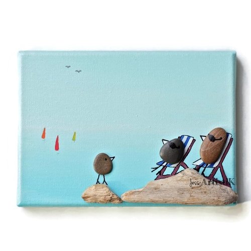 Tableau turquoise - tableau chambre enfant - galets oiseaux bois flotté mer - déco humour