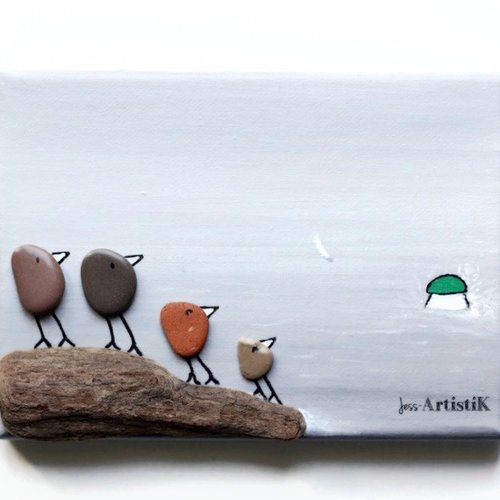 Tableau galets bois flotté mer oiseaux fond gris – tableau famille mer grise - dessin humoristique –18x13cm