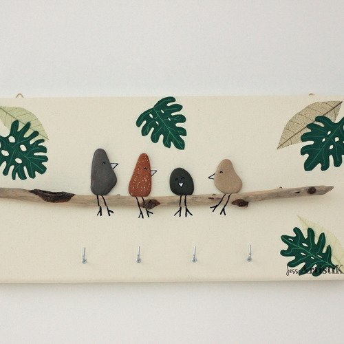 Tableau Porte Clés Oiseaux Jungle Tropiques Galets Bois