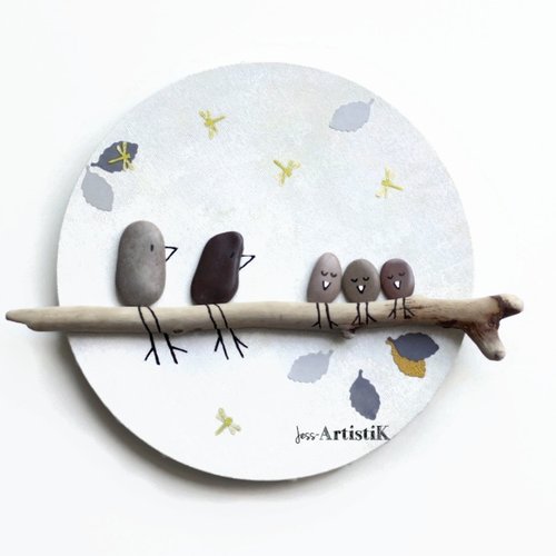 Tableau rond oiseaux lune libellules, tableau galets bois flotté, déco enfant, cadeau naissance
