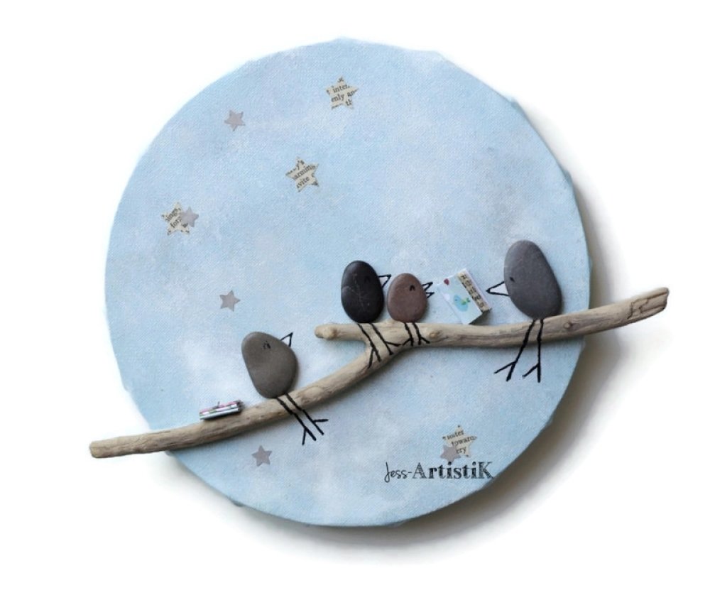 Tableau Rond Oiseaux Livre Lune Galets Bois Flotte Deco Chambre Enfant Bleu Un Grand Marche