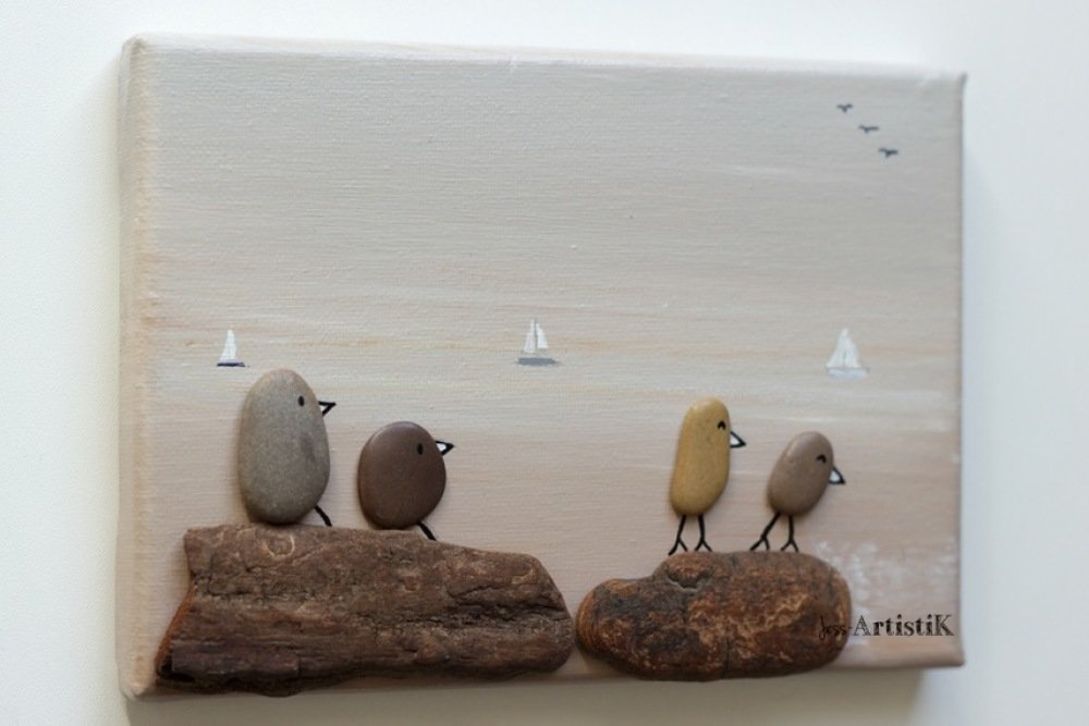 Tableau oiseaux mer galets bois flotté, tableau enfant, cadeau famille
