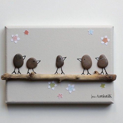 Tableau galets famille oiseaux, tableau galets bois flotte