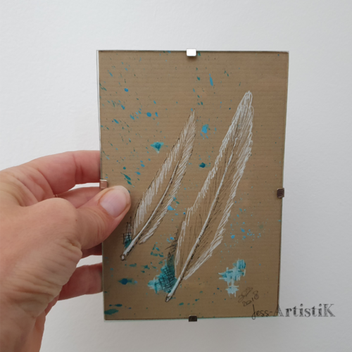 Dessin plumes sur papier kraft 10x15cm encadré