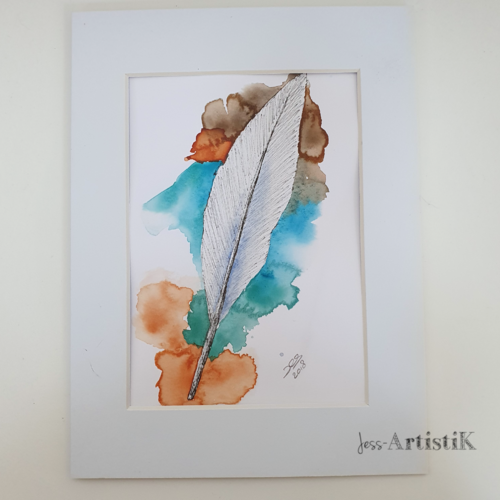 Plume dessin aquarelle originale aux couleurs bohème, affiche plumes bohème passepartout