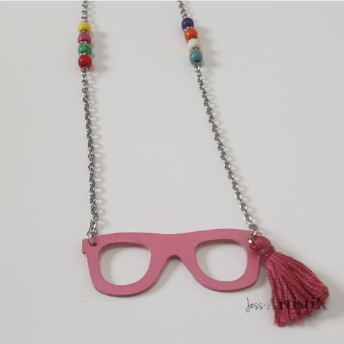 Collier lunettes, sautoir lunettes rose