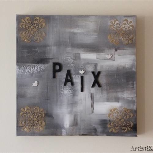 Tableau gris taupe blanc or moderne ‘paix’