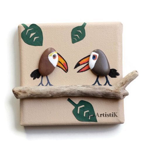 Mini tableau galets oiseaux toucans, bois flotte galets peinture