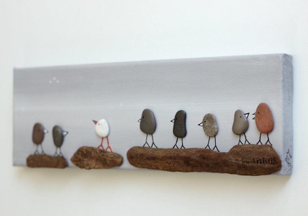 Tableau galets bois flotté oiseaux bord de mer, cadeau art galets - Un