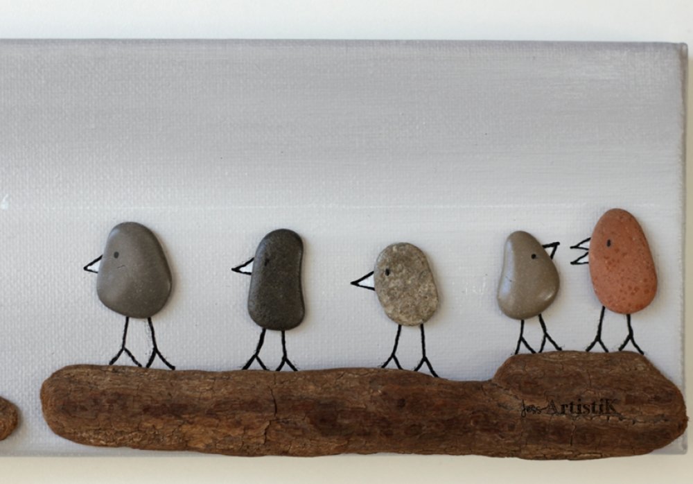 Tableau galets bois flotté oiseaux bord de mer, cadeau art galets - Un