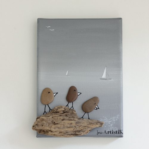 Tableau galets bois flotté oiseaux, tableau bord de mer gris