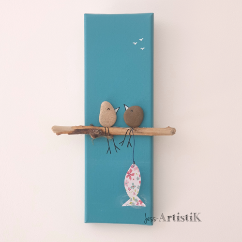 Tableau galets oiseaux bois flotté fond bleu dessin humoristique pêche