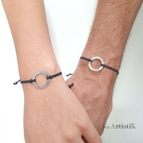 Bracelet noir anneau 'love'  réglable unisexe - bracelet couple
