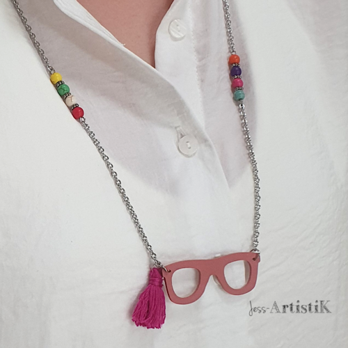 Sautoir collier lunettes rose pompon perles colorés chaine couleur argent original