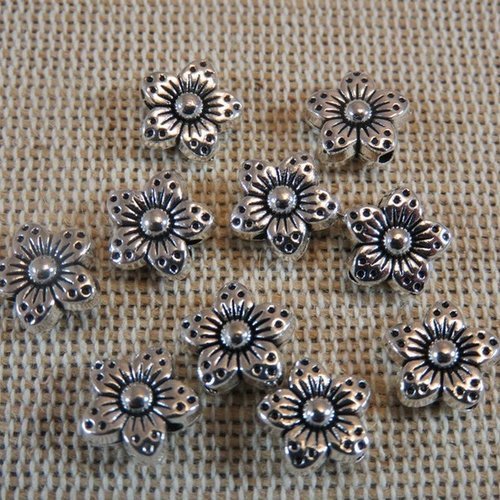 Perles fleur argenté 9mm en métal - lot de 10