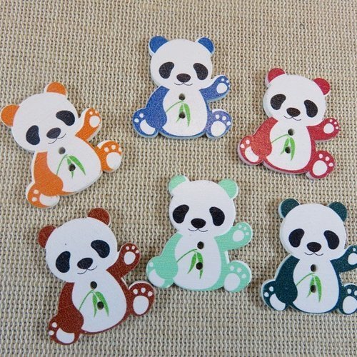 Boutons panda en bois kawaii bouton de couture multicolore - lot de 6