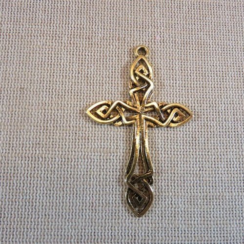 Pendentif croix nœud celtique métal couleur or vieilli 58mmx36mm