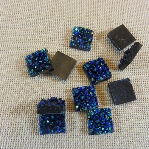 Cabochons carré bleu druzy 12mm en résine - lot de 10