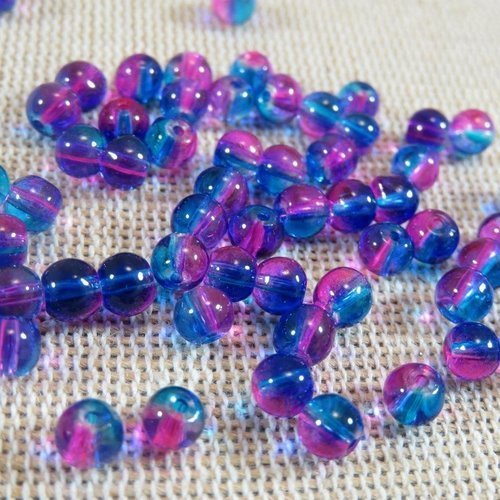Perles en verre ronde 5mm bleu et rose fuchsia - lot de 25