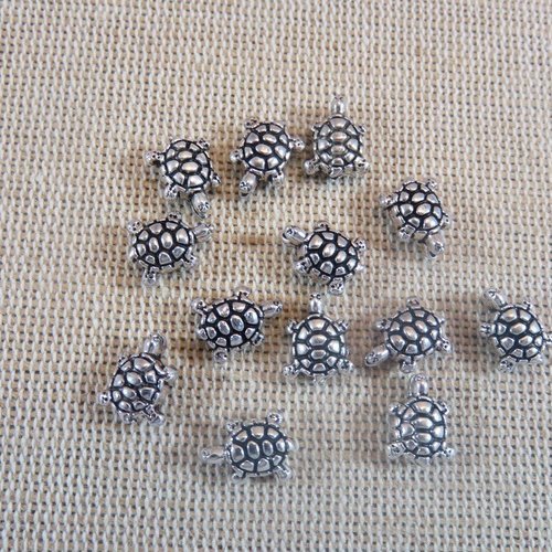 Perles tortue 3d métal couleur argenté 10mm - lot de 10