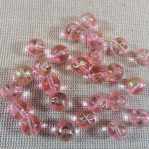 Perles en verre rose transparent tréfilé doré 8mm - lot de 10