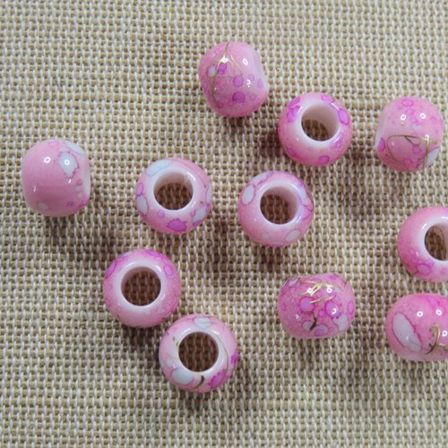 Perles ronde rose 10mm gros trous acrylique - lot de 10