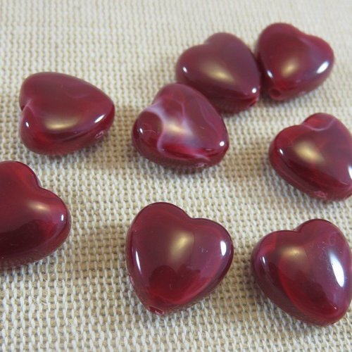 Perles cœur rouge bordeaux effet marbré 14mm acrylique - lot de 10
