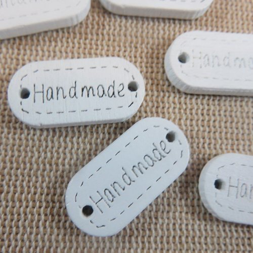 Connecteurs en bois gravé "handmade" blanc étiquettes - lot de 10