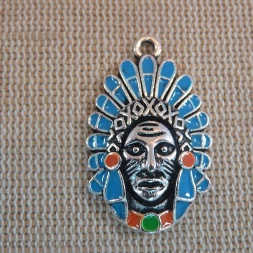 Pendentif tête chef indien métal coloris argenté émaillé pour création amérindien biker