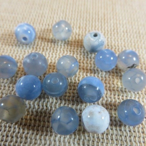 Perles agate craquelé bleu gris blanc ronde 6mm pierre de gemme - lot de 10