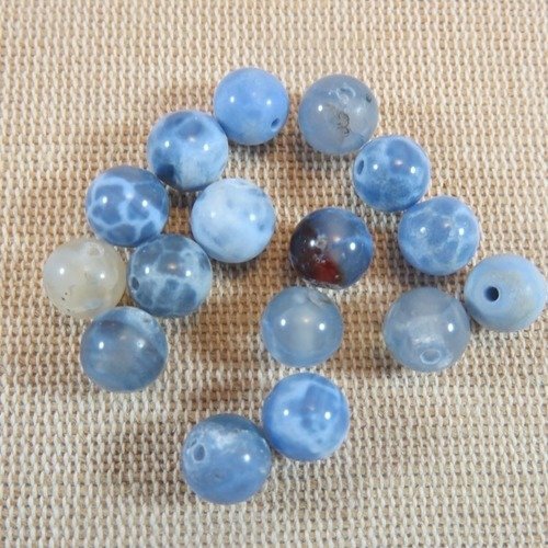 Perles agate feu craquelée bleu gris blanc ronde 8mm pierre de gemme - lot de 10