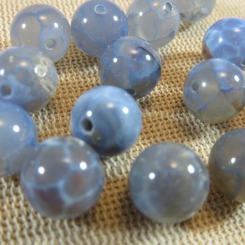 Perles agate feu craquelé bleu gris blanc ronde 10mm pierre de gemme - lot de 8