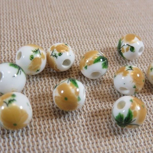 Perles céramique fleurs jaune verte ronde 8mm - lot de 10