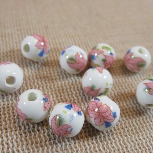 Perles céramique fleurs rose bleu ronde 8mm - lot de 10