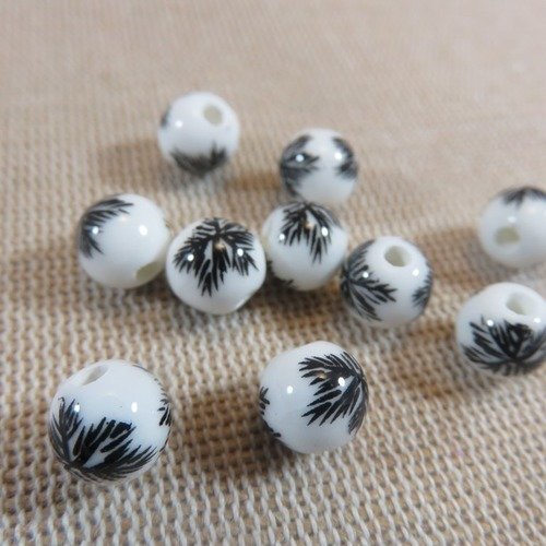 Perles céramique feuillage noir blanc ronde 8mm - lot de 10