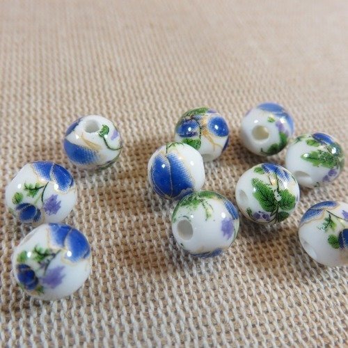 Perles céramique fleurs bleu verte ronde 8mm - lot de 10