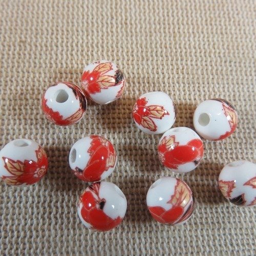 Perles céramique fleurs rouge marron ronde 8mm - lot de 10