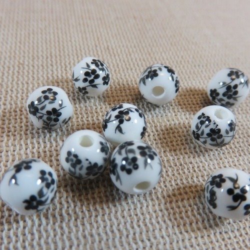Perles céramique fleur noir ronde 8mm - lot de 10