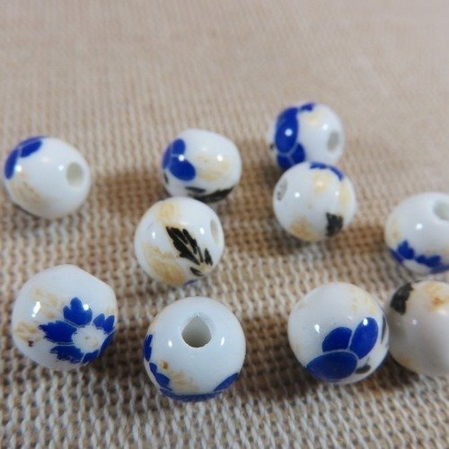 Perles céramique fleur bleu jaune noire ronde 8mm - lot de 10