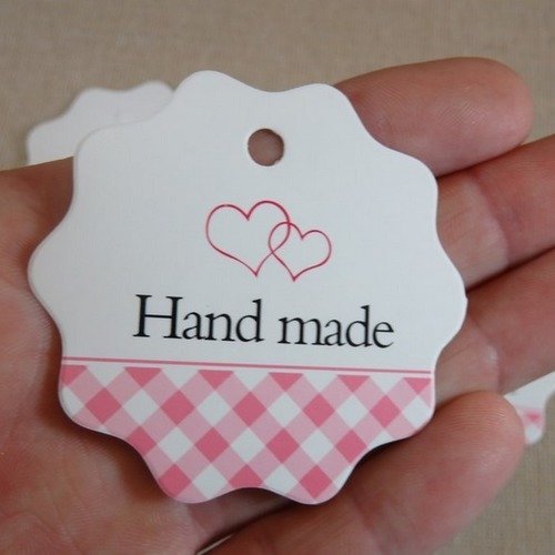 Grande étiquettes marquage prix cœurs carreaux rose "hand made" - lot de 10