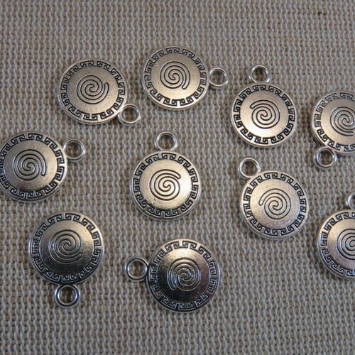 Pendentifs rond gravé spiral 17mm métal couleur argenté - lot de 5